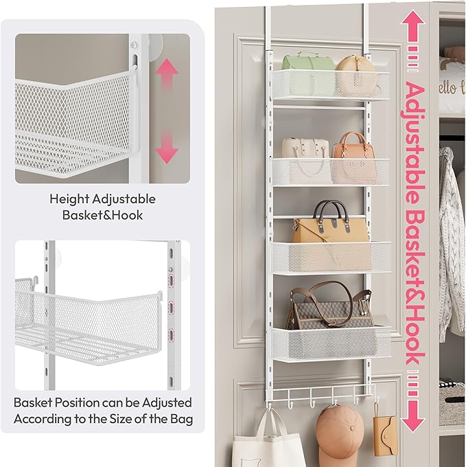 SWTYMIKI Over The Door Purse Organizer - Wall Mounted Purse Rack with 4 Adjustable Metal Basket and 6 Hooks, Hanging Bag Rack for Handbag Organizer, Bag Storage Can Use As 1/2 Part, for Door, Closet