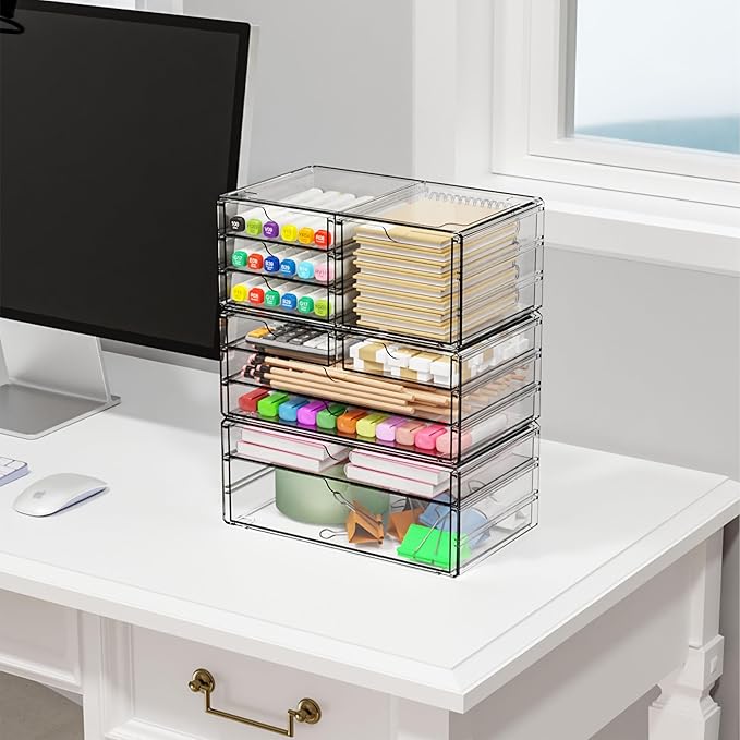 Yieach 3 Pack Clear Storage Drawers With 10 Drawers,Stackable 11.1” Large Acrylic Drawer Organizer and Makeup Organizer For Vanity,Bathroom Countertop,Cabinet,Pantry,Office Supply Storage Bins Drawers