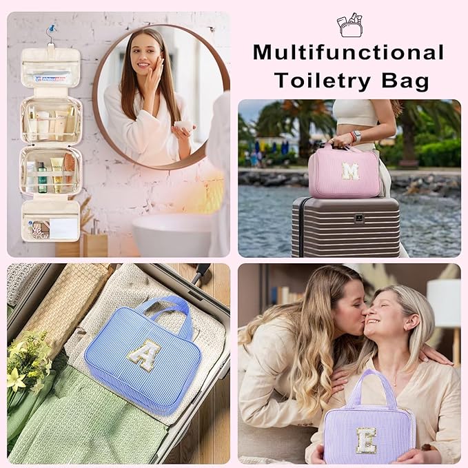 TOPEAST Hanging Toiletry Bag for Women - Travel Toiletry Bag Makeup Bag, Portable Toiletries Cosmetic Bag, Airplane Travel Essentials - Letter N, Purple