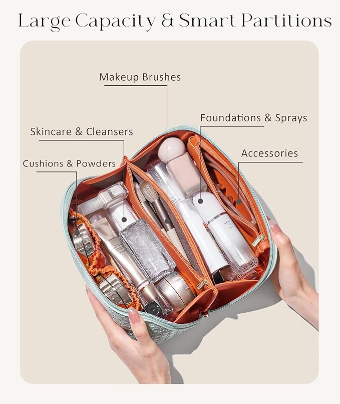 Large Capacity Travel Cosmetic Bag - Portable Makeup Bags for Women Waterproof PU Leather Checkered Makeup Organizer Bag with Dividers and Handle,Toiletry Bag for Cosmetics