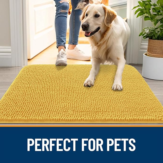 OLANLY Dog Door Mat for Muddy Paws 30x17, Absorbs Moisture and Dirt, Absorbent Non-Slip Washable Doormat, Quick Dry Chenille Mud Mat for Dogs, Entry Indoor Entryway Carpet for Inside Floor, Yellow