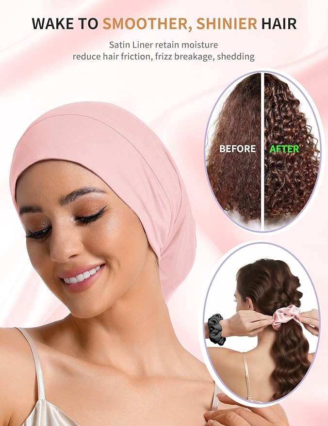 Satin Lined Bonnet for Sleeping Women Men - Adjustable Sleep Cap, Slouchy Beanie Hair Wrap for Curly Braid Locs