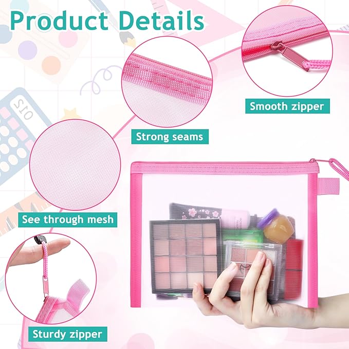 12-Piece Nylon Zipper Pouch Set, Pink Mesh Cosmetic Bags, Zippered Travel & Office Supplies Organizers - A5