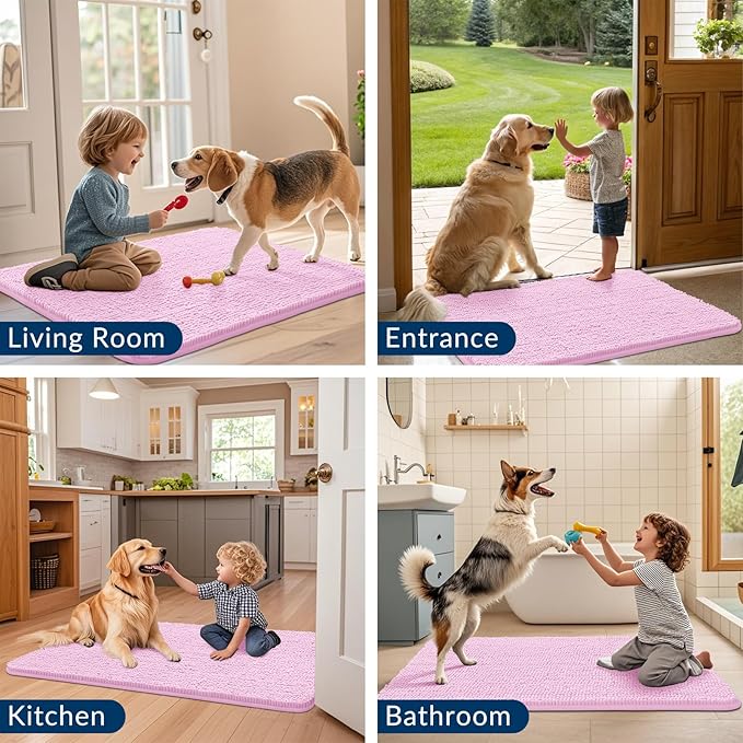 Smiry Dog Door Mat for Muddy Paws 47x24, Absorbs Moisture and Dirt Doormat, Non-Slip Washable Quick Dry Chenille Front Door Mat Indoor Entrance, Entryway Carpet for Inside Floor, Pink