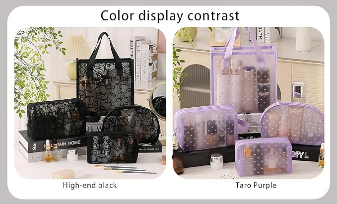 4 Pieces Heart Printed Mesh Makeup Bag Set, Portable Travel Mesh Cosmetic Bags Toiletry Bags Makeup Purse Bags with Zipper Storage Pouches for Home Offices Travel Accessories (Black)