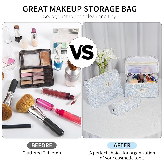 senbowe Floral Makeup Bag, 3 Pack Large Cotton Quilted Makeup Bag Set, Cute Floral Coquette Aesthetic Toiletry Bag Make Up Cosmetic Bag for Women, Toiletry Travel Make Up Organizer Bag