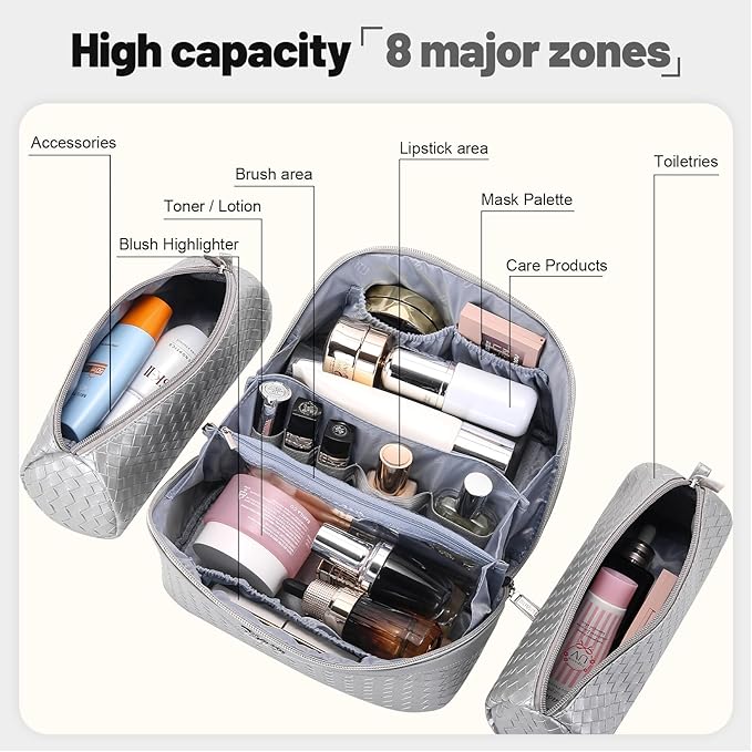 BOYATU Travel Makeup Bag Cosmetic Bags for Women: Large Capacity 3 Pcs Set Make up Bag with Compartments - Waterproof Vegan Leather Toiletry Organizer Bags with Handle (L34 Silver)