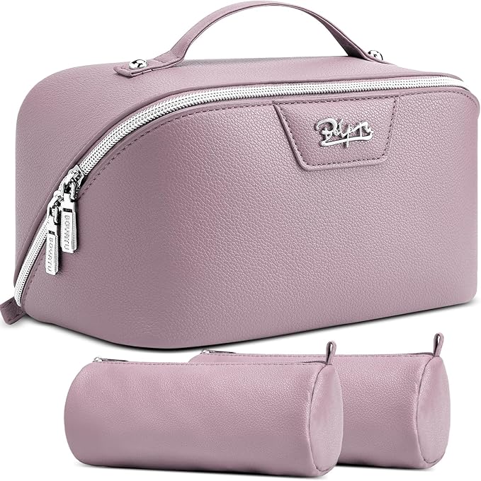 BOYATU Travel Makeup Bag Cosmetic Bags for Women: Large Capacity 3 Pcs Set Make up Bag with Compartments - Waterproof Vegan Leather Toiletry Organizer Bags with Handle (N-69Purple)