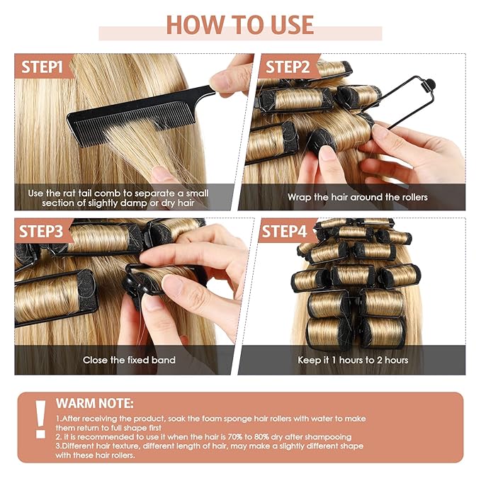Syhood 56 Pcs Foam Sponge Hair Rollers 6 Sizes Soft Sleeping Curlers Flexible Sponge Curler Tool Rat Tail Comb for Long Short Hair Styling(Black)