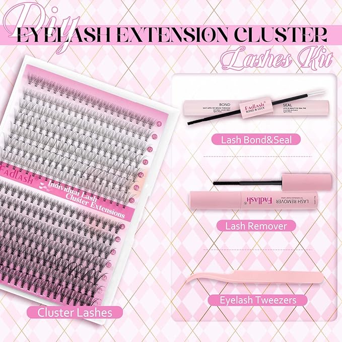 DIY Lash Extension Kit Individual Lashes Clusters Lash Bond and Seal, Clusters Lash Glue Remover and Eyelash Tweezers for Eyelash Extensions (10D+20D-0.07C, 8-16mm, Kit)