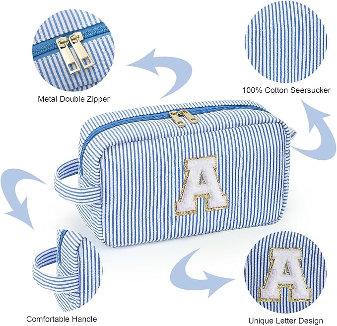 YOOLIFE Initial Makeup Bag for Women - Monogram Cute Makeup Bag Cosmetic Case Toiletry Pouch for Women Her Best Friend Sister Teacher, Personalized Birthday Gifts for Women, Blue H