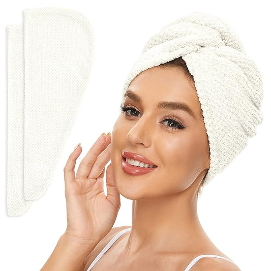 2 Pack Microfiber Hair Towel Wrap for Women, Anti Frizz Quick Drying Hair Turban for All Hair Style, Absorbent and Lightweight (Ivory)