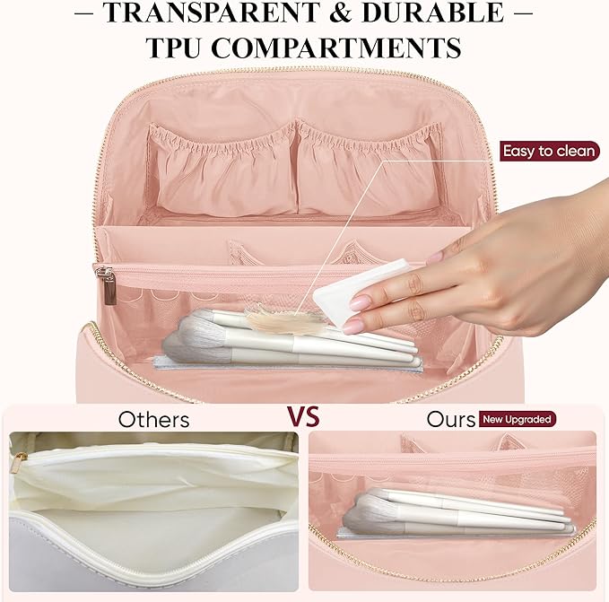 Travel Makeup Bag, Large Capacity Cosmetic Bags for Women, Waterproof Portable Pouch Open Flat Make up Organizer Bag with Dividers and Handle, Toiletry Bag for Essentials