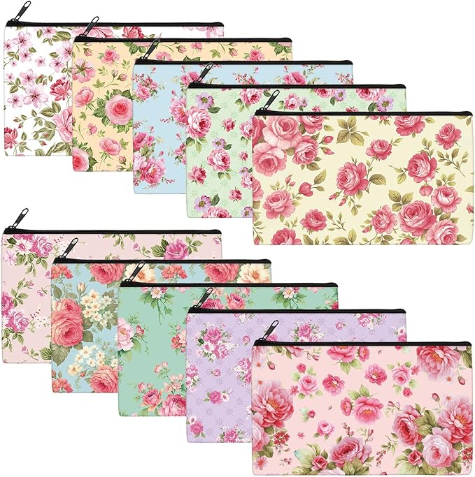 Reginary 20 Pieces Cosmetic Bag for Women, Roomy Makeup Bags with Zipper Toiletry Bag Pouch Travel Accessory Organizer Gifts, 7 x 4.3 Inches(Pink Flower)