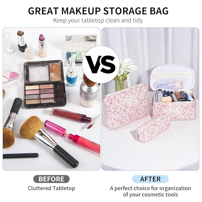senbowe Floral Makeup Bag, 3 Pack Large Cotton Quilted Makeup Bag Set, Cute Floral Coquette Aesthetic Toiletry Bag Make Up Cosmetic Bag for Women, Toiletry Travel Make Up Organizer Bag