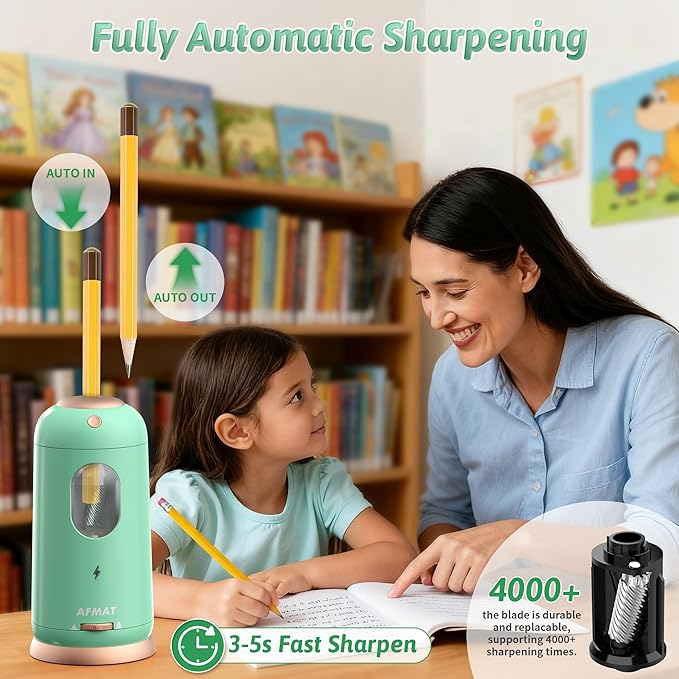 AFMAT Electric Pencil Sharpener, Auto in & Out, Fully Automatic Pencil Sharpener, Rechargeable Hands-Free Sharpeners for Jumbo & Colored Pencils (7-11.5mm), Good for Classroom/Home PSC8(Light Green)