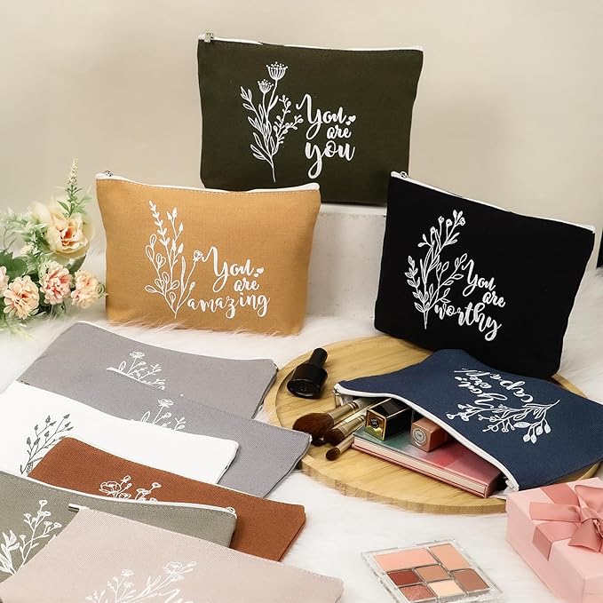 Coume 10 Pcs Valentines Canvas Makeup Bags Bulk, Inspirational Quotes Cosmetic Zipper Encouragement Travel Pouch Toiletry Bag Women Teacher Friend Birthday Gift(Natural Color,Aesthetic)