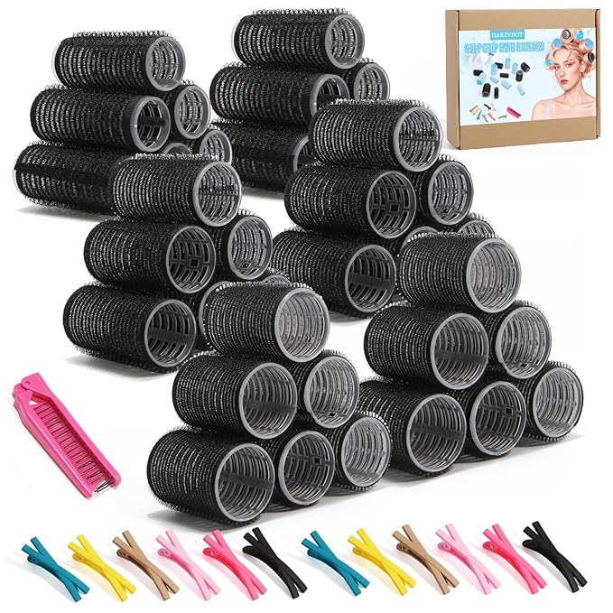 Heatless SelfGrip Hair Rollers Kit, 3 Sizes (0.79",1.18",1.57") for Short/Medium Hair | 36 Rollers +12 Clips +1 Comb | No Heat Curlers for Overnight Waves,Travel & Damage-Free Styling. (Black, Medium)