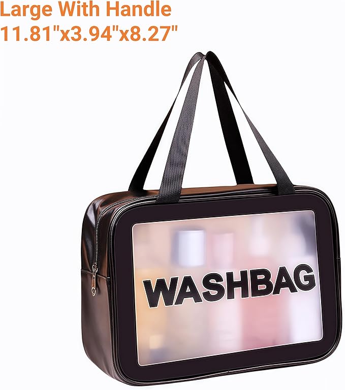 Waterproof Clear Frosted Travel Toiletry Bag For Men & Women: 3-Size Handle Cosmetic Case + 4 Pre-Labeled 2Oz Bottles & Sticker. Large Washbag Organizer. (Classic Black)