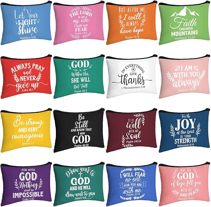 Pinkunn 16 Pcs Valentines Canvas Makeup Bags Bulk Inspirational Christian Women Religious Galentine Gifts Inspirational Bible Verse Pencil Pouch Makeup Bags with Zipper for Travel(Bible Solid Color)