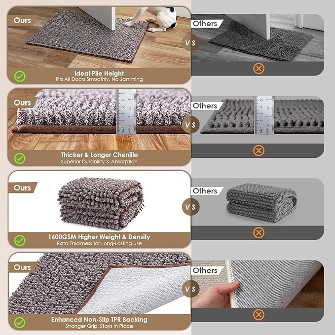 EHEYCIGA Super Absorbent Dog Door Mat for Muddy Paws 24x16 Inch Indoor, Front Doormat Outside Entrance, Quick Dry Chenille Washable Dog Crate Bed, Non-Slip Pet Rug Mud Mat Outdoor Entryway, Brown