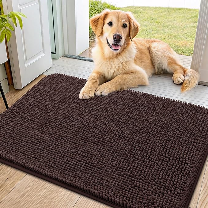 Smiry Dog Door Mat for Muddy Paws 34x21, Absorbs Moisture and Dirt Doormat, Non-Slip Washable Quick Dry Chenille Front Door Mat Indoor Entrance, Entryway Carpet for Inside Floor, Brown