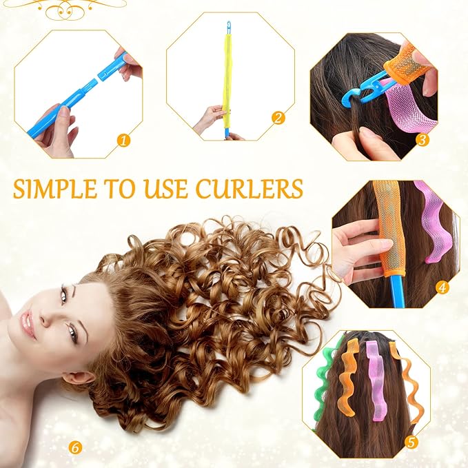 60 Pcs Heatless Wave Curlers No Heat Hair Curlers Rollers Spiral Styling Kit 2 Styles, 22'' 18'' 12'' Wave DIY Rollers for Women Short Long Hair with 2 Styling Hooks