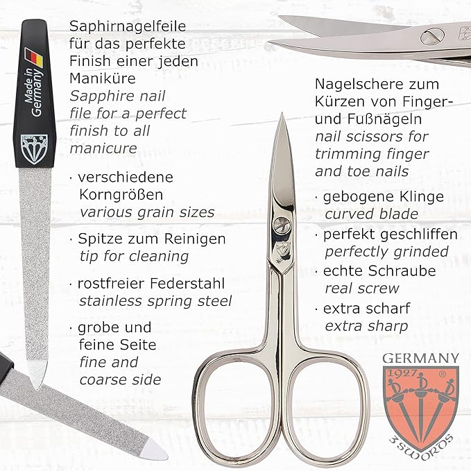 3 Swords Germany - brand quality 10 piece manicure pedicure grooming kit set for professional finger & toe nail care tweezers file clipper fashion leather case in gift box, Made by 3 Swords (01603)