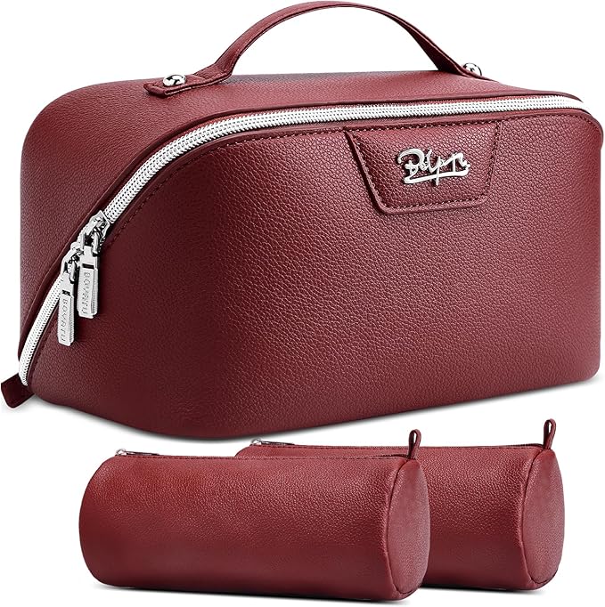BOYATU Travel Makeup Bag Cosmetic Bags for Women: Large Capacity 3 Pcs Set Make up Bag with Compartments - Waterproof Vegan Leather Toiletry Organizer Bags with Handle (N-70Red)