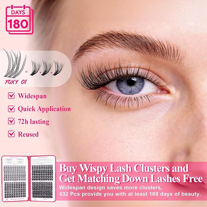 Foxy Beauty Natural Lash Clusters - Wispy & Fluffy Lash Clusters WideSpan Eyelash Clusters Lash Extension with FREE Bonus Lower Lashes