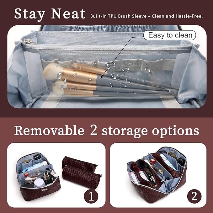 BOYATU Travel Makeup Bag Cosmetic Bags for Women: Large Capacity 3 Pcs Set Make up Bag with Compartments - Waterproof Vegan Leather Toiletry Organizer Bags with Handle (L14 Wine red)