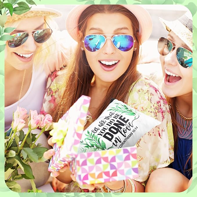Pinkunn 16 Pcs Valentines Canvas Makeup Bags Bulk Inspirational Christian Women Religious Galentine Gifts Inspirational Bible Verse Pencil Pouch Makeup Bags with Zipper for Travel(Bible Leaves)