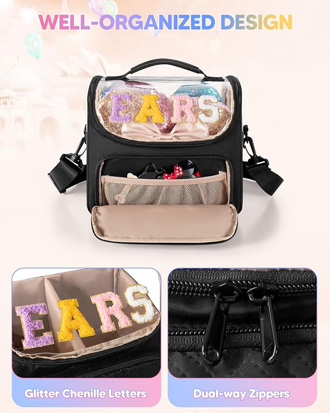 Mouse Ears Travel Case with Detachable Divider, Headband Holder Organizer Bag with Shoulder Strap, Chenille Letter Hair Accessories Storage Box, Black