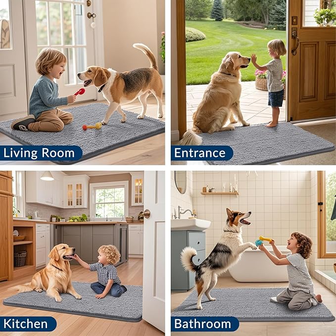 Smiry Dog Door Mat for Muddy Paws 59x20, Absorbs Moisture and Dirt Doormat, Non-Slip Washable Quick Dry Chenille Front Door Mat Indoor Entrance, Entryway Carpet for Inside Floor, Grey