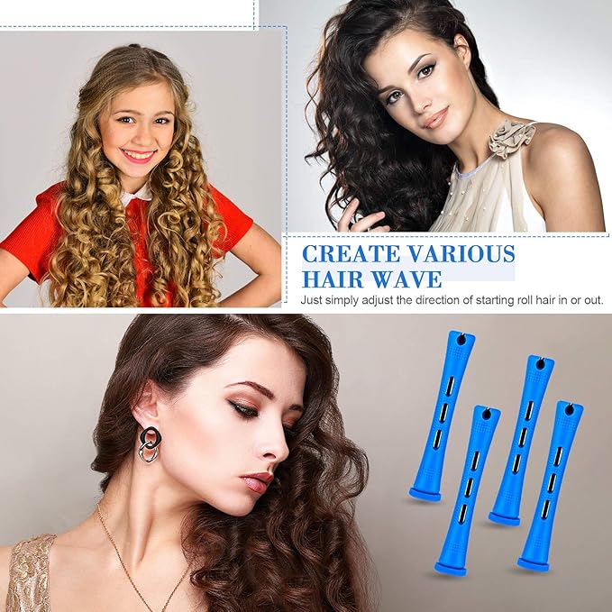 WILLBOND 60 Pcs Perm Rods for Short Long Hair Plastic Cold Wave Perming Curlers Small Hair Curling Rollers with Steel Pintail Rat Tail Kit for Women Hairdressing Styling Supplies(0.35 Inch,Blue)