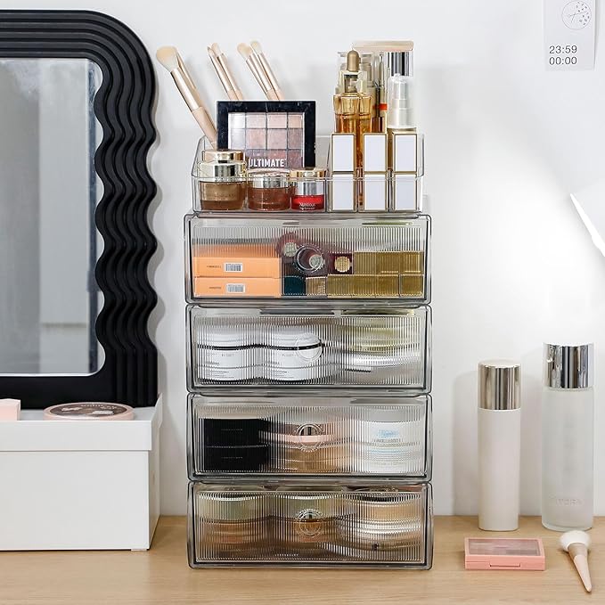 5-Tiers Makeup Organizer with Drawer for Vanity, Stackable Bathroom Storage Box for Beauty Essentials, Skincare Products, Cosmetic Brushes, Perfume Stand, Clear Lipsticks Holder