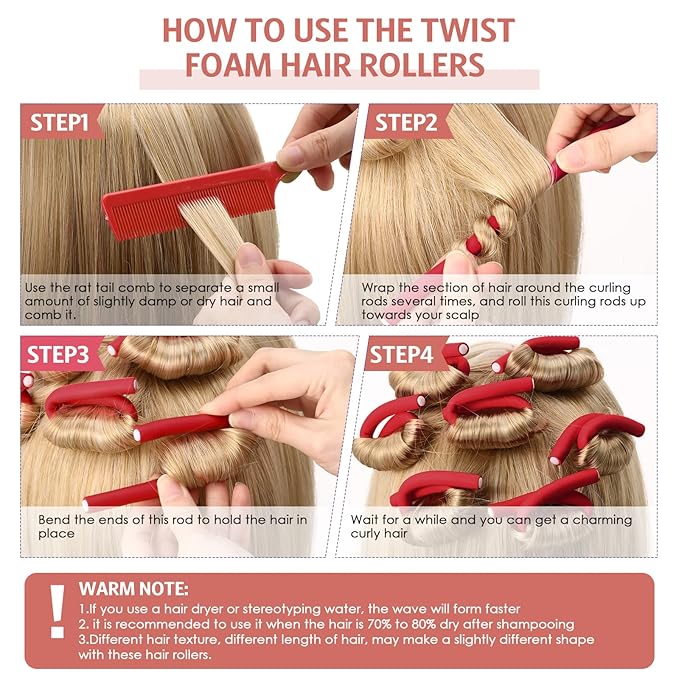 Syhood 30 Pieces Flexible Curling Rods Twist Hair Rollers Soft Foam Rods No Heat and 1 Pcs Steel Rat Tail Comb for Women Long and Short Hair(7 x 0.39 Inch,Red)