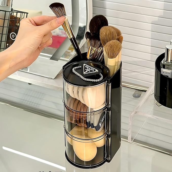 Hair Accessories Organizer with Hair Brush Holder, Rotatable Makeup Brush Holder for Necklaces, Earring, Bracelet, Ring, Makeup Brushes, Hair Clip and Hair Accessories (Black, 3-Layer)
