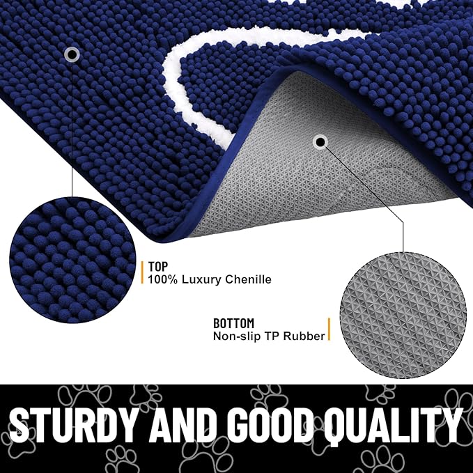 Smiry Dog Door Mat for Muddy Paws, Absorbent Dirt Trapper Non Slip Quick Dry Washable Chenille Mat for Mud Dogs, Entry Rug for Indoor and Outdoor (47x24 Inches, Navy Blue and White)