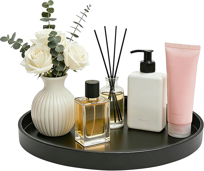 1 Pack 13.5" Bathroom and Vanity Tray, ABS Bathroom Counter Organizer， Coffee Table Decor for Perfume, Candles, Keys &More. Kitchen Countertop Organizer, Decorative Tray Soap Holder, Black
