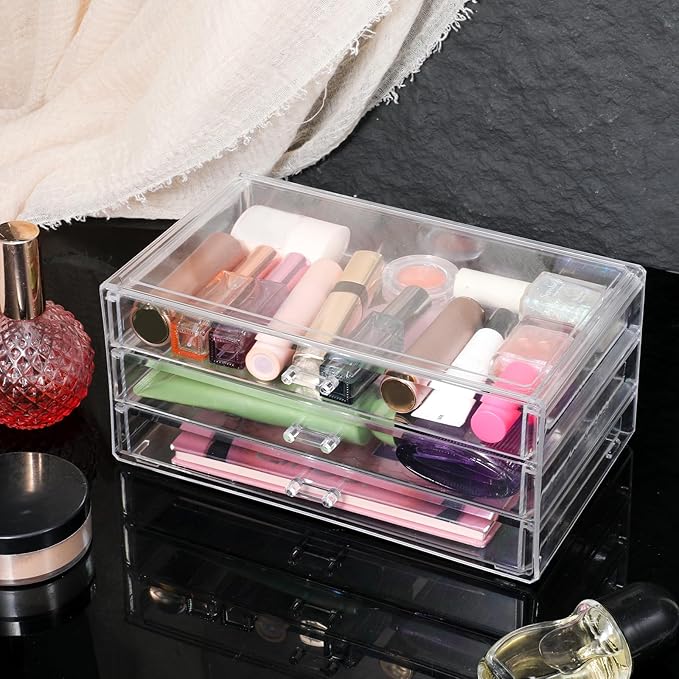 Acrylic Drawers Stackable Clear, 9.3 X 5.3 X 4 Inch Stackable Makeup Organizer Acrylic 3 Drawer Storage Organizers Clear Stationery Organizer for Dresser, Bathroom, Vanity, Countertop