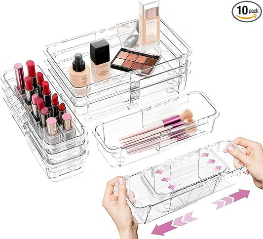 10 Pcs Extendable Clear Drawer Organizer, All Adjustable Vanity Storage Box, 2-Size Desk Drawer Organizer, Durable Storage Bins for Makeup, Cosmetic, Bedroom Dressers Tool Organizer for Gadgets