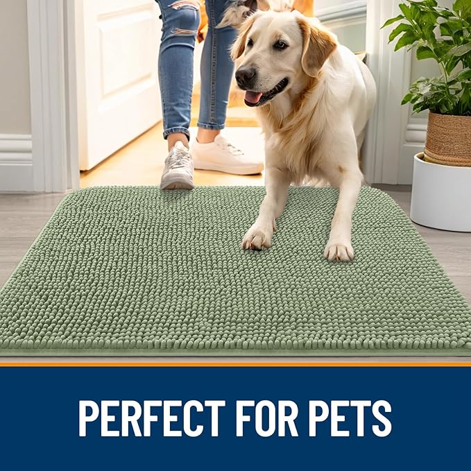 OLANLY Dog Door Mat for Muddy Paws 47x20, Absorbs Moisture and Dirt, Absorbent Non-Slip Washable Doormat, Quick Dry Chenille Mud Mat for Dogs, Entry Indoor Entryway Carpet for Inside Floor, Sage Green