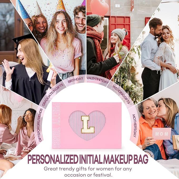 2 PCS Initial Makeup Bags for Women: Cosmetic Bag for Travel Toiletry - Birthday Gifts for 11 12 13 14 15 16 17 18 Years Old Girl Graduation Teacher Gift- Teen Girl Gifts Trendy Stuff - Pink L