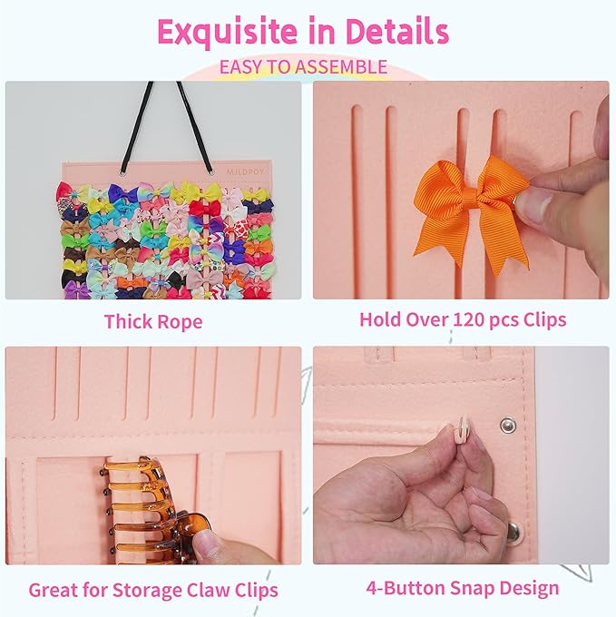MJLDPOY Hair Bow Organizer for Girls, Baby Hair Clips Holder Wall Hanging, Large Felt Bow Storage Display for Girls Hair Bows & Claw Clips, Ribbons, Headbands – Nursery Room Decor (Pink)