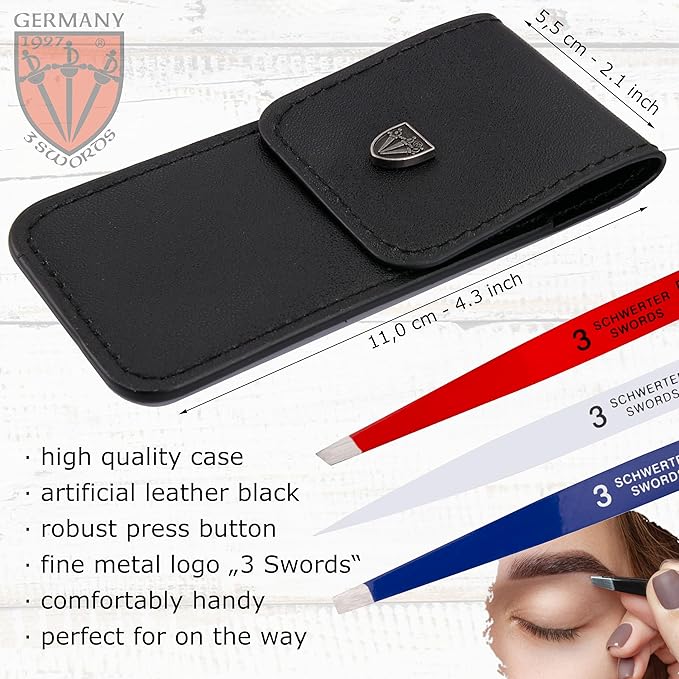 3 Swords Germany – brand quality professional stainless steel precision tweezer set “USA”, slanted, straight, pointed eyebrows hair, synthetic leather case, manicure pedicure by 3 Swords