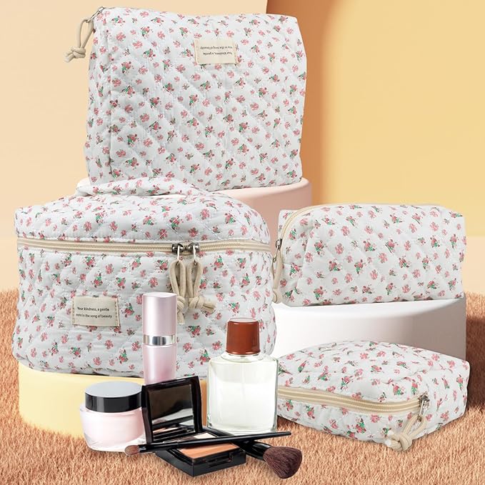VIWIME Makeup Cosmetic Bag, Large Cotton Quilted Travel Coquette Aesthetic Cute Floral Make up Bag for Women Toiletry Bag Organizer (202- Red Rose / 4Pcs)