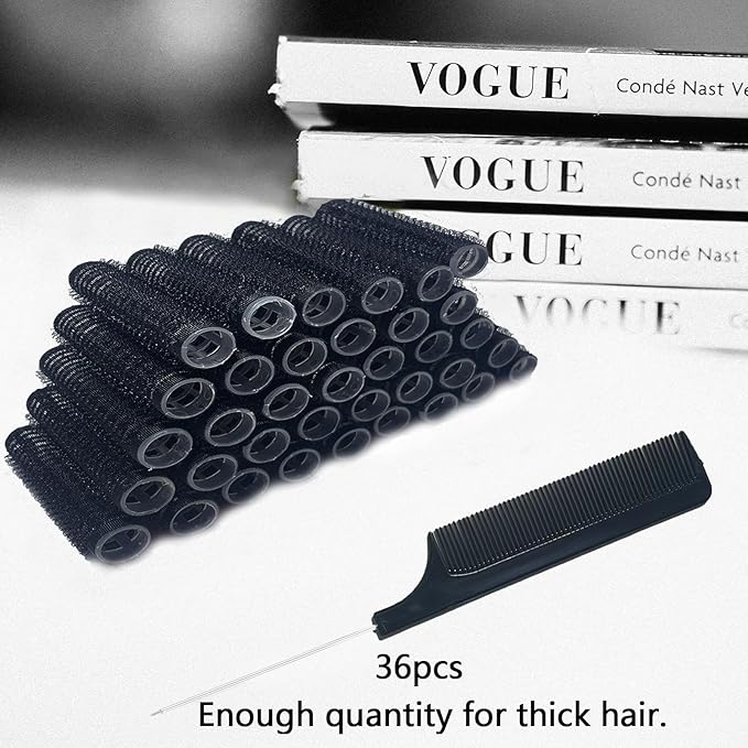 36PCS Self Grip Small Hair Curlers Black Heatless Roller Hair Curlers Pro DIY Curly Hairstyle Hair Rollers Tools Rat Tail Comb for Women Medium Short Hair(0.6 x 2.4 Inch)
