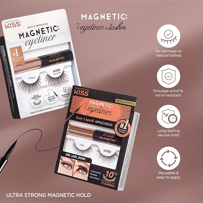 KISS Magnetic False Eyelashes and Eyeliner, ‘Entice’, 12mm, Easy to Apply, Reusable, No Glue, Flexiband Technology, Precision Felt Tip, Fortified Formula, 1 Pair Strip Lashes