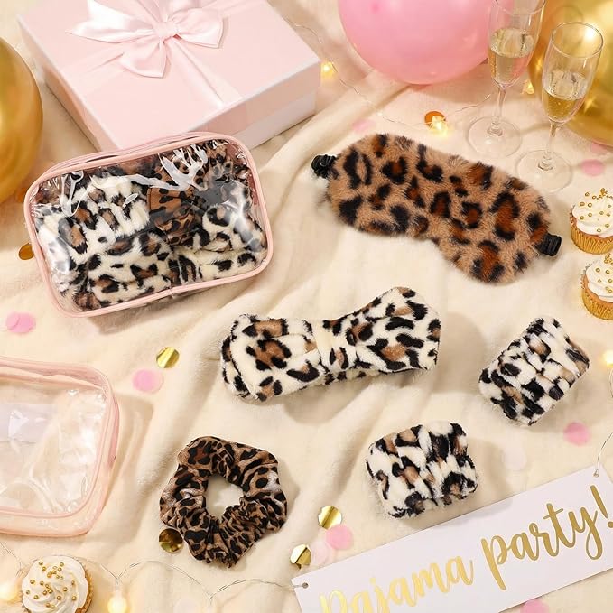 Hoteam 10 Pcs Galentine Spa Party Supplies Valentine Gift Set Sleepover Party Favor Spa Headband Wristband Sleep Eye Mask Velvet Scrunchies for Skin Care Makeup Slumber Night Favor(Leopard Print)